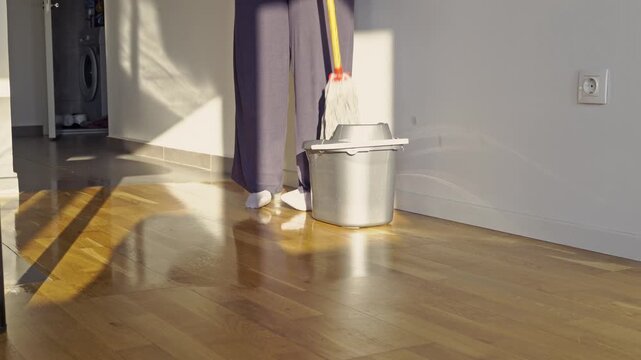 A person mops a gleaming wooden floor with sunlight streaming into the modern home, emphasizing cleanliness and domestic tasks.