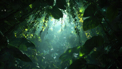 Sunlight pierces a dense, vibrant jungle canopy, illuminating misty air, lush tropical foliage, and cascading vines, creating an ethereal natural wonderland.