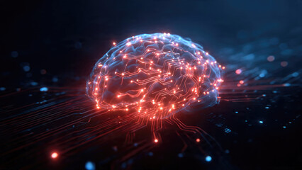 A glowing digital brain with intricate red circuits and neural pathways, representing artificial intelligence, technology, and advanced thought processing.