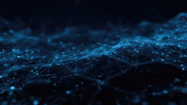 Abstract digital network of glowing blue dots and connecting lines on dark, representing data, technology, AI, and interconnected global systems.