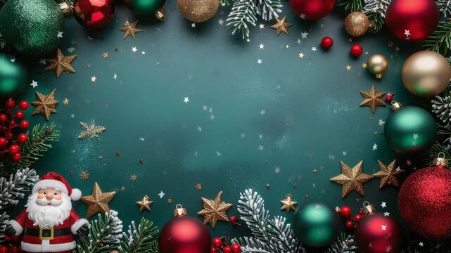 A festive Christmas border with Santa Claus, ornaments, pine branches, and golden stars on a teal background.