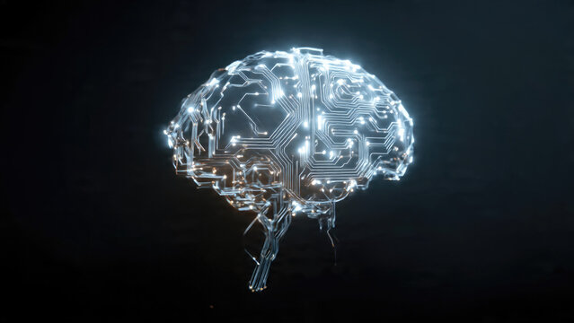 A luminous digital brain, composed of glowing circuit board pathways, signifies artificial intelligence and advanced technological thought processes against a dark, expansive background.