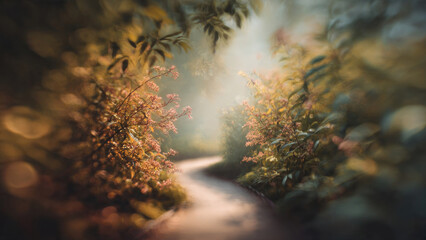A tranquil, winding path meanders through a sun-dappled forest, adorned with soft pink flowers and lush greenery, evoking a dreamy, magical ambiance.