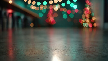 Festive bokeh lights in red, teal, and gold reflect on a textured floor, creating a magical, dreamy holiday atmosphere.