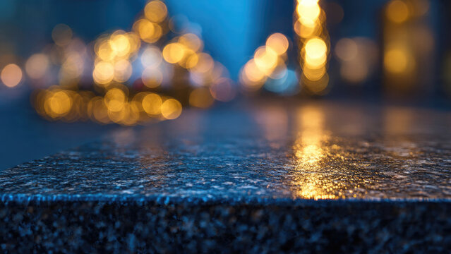 A textured dark surface reflects vibrant bokeh lights against a blurred blue background, creating a serene urban night scene with abstract warmth and cool tones. - Powered by Adobe