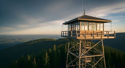 Tall forest fire watchtower standing over an immense evergreen wilderness during golden hour, symbolizing vigilance and conservation ecology concept