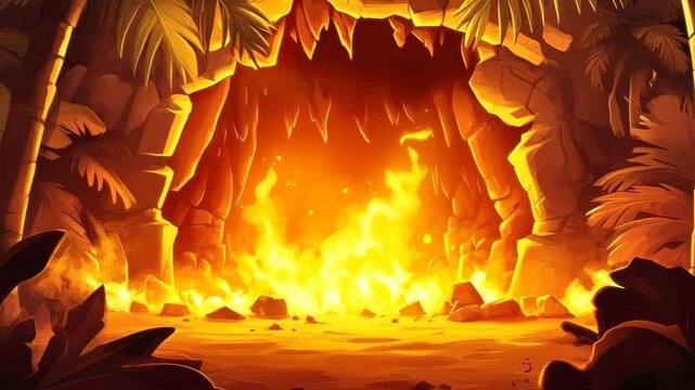 Cave of Flames: Explore the dramatic interior of a stone cave illuminated by a blazing inferno. This visual invites you to experience a fantasy world of intense energy and formidable power.
