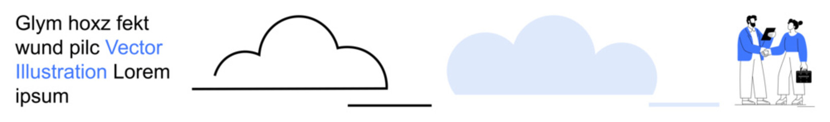 Technology, collaboration, data sharing, cloud computing, business communication, minimalism. Abstract cloud shapes and two professionals interacting. Cloud computing and collaboration concept