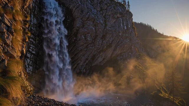 A powerful waterfall cascades down rugged rocks, sending mist into the cool air while sunlight beams through the trees on the mountainside. The vibrant colors of nature surround th