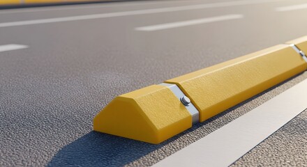 Bright yellow bike lane divider defining urban street infrastructure for eco-friendly city cycling concept and sustainable urban development