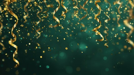 Fototapeta premium Gold Confetti and Ribbons Create a Elegant Celebration Scene with Teal Backdrop