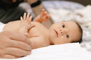 Adorable caucasian newborn baby lying on bed with hands raised, Lifestyle moment of fatherhood.