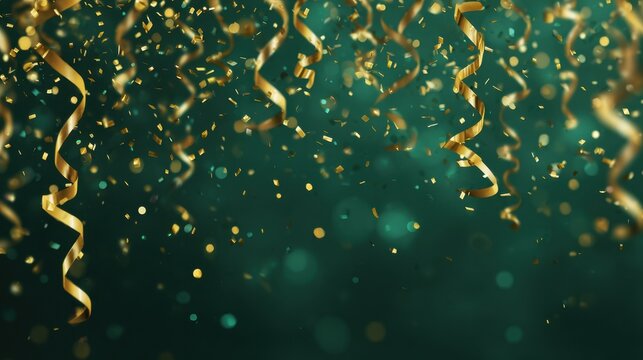 Gold Confetti and Ribbons Create a Elegant Celebration Scene with Teal Backdrop