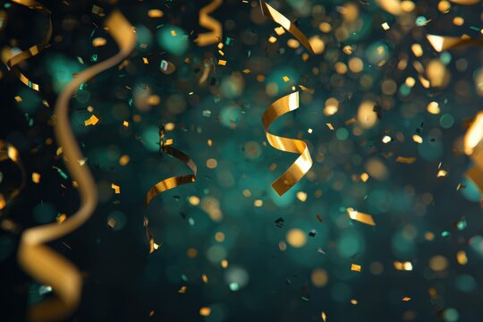 Celebration confetti and gold ribbons float in a teal background for a festive party vibe