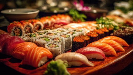 A vibrant platter showcasing a diverse assortment of fresh Japanese sushi and sashimi, including rolls, nigiri, and gunkan, artfully arranged.