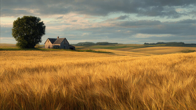 A rustic farmhouse stands beside a lone tree amidst a vast golden wheat field under a dramatic cloudy sky, capturing rural serenity.