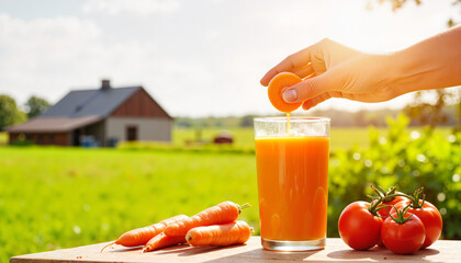 Fresh carrot juice preparation with hand squeezing lemon into glass, surrounded by fresh carrots and tomatoes on wooden table. Refreshing carrot juice concept for health-focused recipes and beverages.