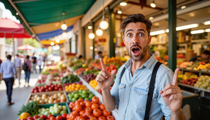 Surprised man expressing excitement amidst vibrant market with fresh fruits and vegetables. Man showcases enthusiasm in bustling marketplace, surrounded by colorful produce.