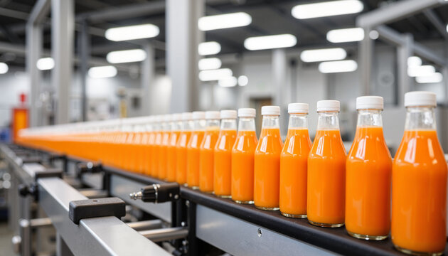 Carrot juice bottling process in factory with neatly arranged bottles on production line. Carrot juice production includes fresh ingredients and modern machinery for efficient packaging.