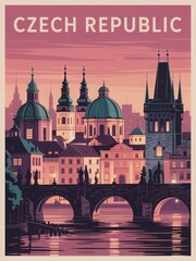 Obraz premium Witness the beauty of the Czech Republic at dusk, where historic domes and spires rise above the river. Couples stroll along the bridge as the city lights begin to glow, creating a serene atmosphere.
