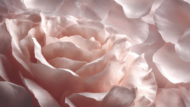 Close-up of delicate, soft pink rose petals revealing intricate layers and graceful curves. Ethereal beauty and gentle texture.