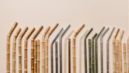 Obraz premium Eco-friendly reusable straws made of bamboo and stainless steel arranged in a row.