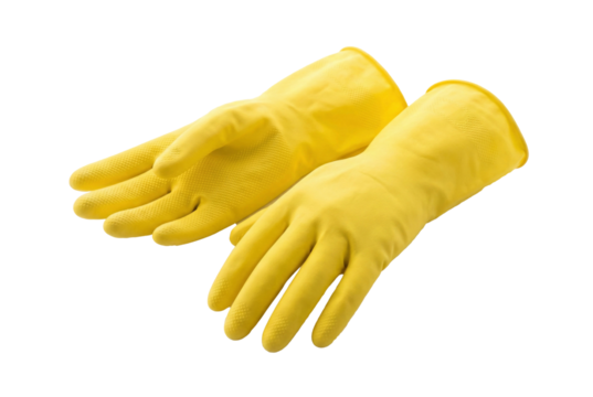 A pair of yellow rubber cleaning gloves, transparent background