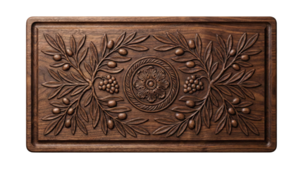 Intricate wooden carving featuring olive branches and grapes, transparent background