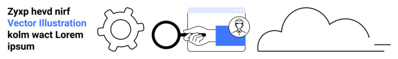 Technology, data management, cloud storage, process enhancement, document analysis, connectivity. Gear, magnifying glass hand with document cloud. Technology and data management concepts