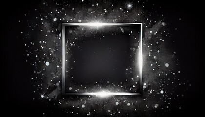 abstract square frame with silver sparkles on black background