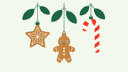 Festive Holiday Ornaments Including Star Cookie, Gingerbread Man, and Candy Cane Hanging from Green Leaves
