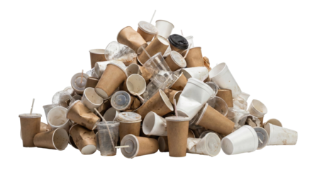 Heap of discarded single-use beverage cups, transparent background