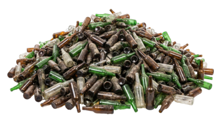 A large pile of assorted glass bottles, transparent background