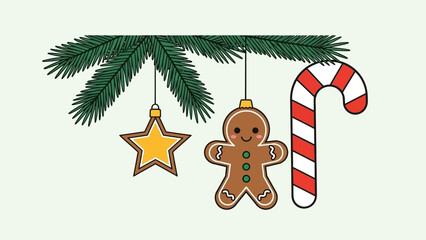 Christmas tree decoration with gingerbread man, star ornament, and candy cane hanging on a branch