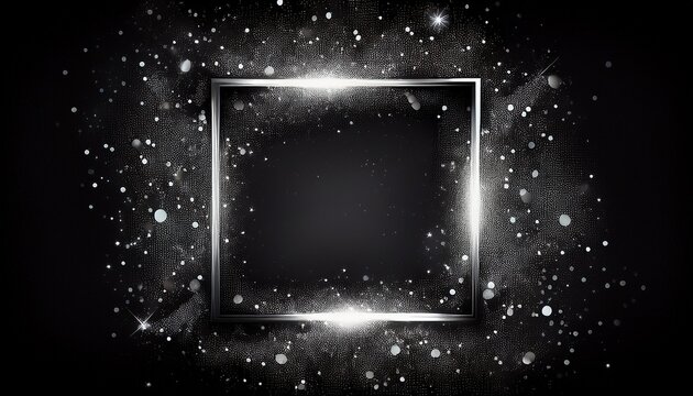 abstract square frame with silver sparkles on black background