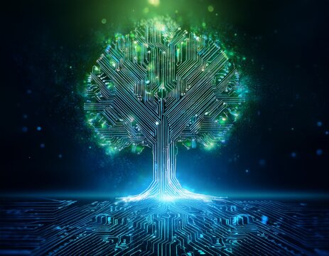 a tree with roots in the form of digital circuits surrounded by glowing particles m suitable for discussing the digitization of nature and technological progress