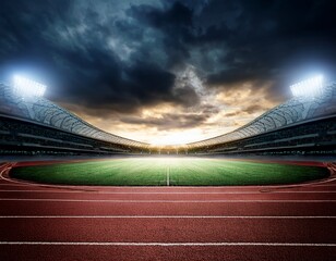 mysterious track and field stadium with dark clouds and stadium lights