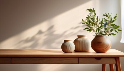 wooden console table with vases and plants in soft light
