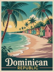 Fototapeta premium Vibrant beach huts in shades of pink and green line a sandy shore in the Dominican Republic. Palm trees sway gently against a backdrop of a golden sunset and calm waves.