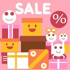 Fun cartoon illustration of a sale with gifts and a percentage symbol