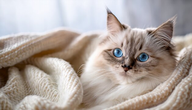 a fluffy cat with blue eyes is relaxing on a soft blanket suitable for articles about pets comfort and interior design