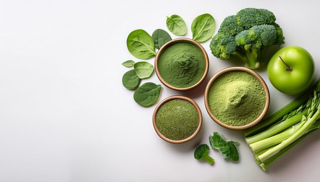 a variety of green superfoods in powder form and fresh vegetables on a white background ideal for those interested in healthy eating and fitness