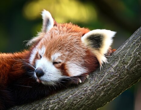 red panda sleeping on branch in tree - Powered by Adobe