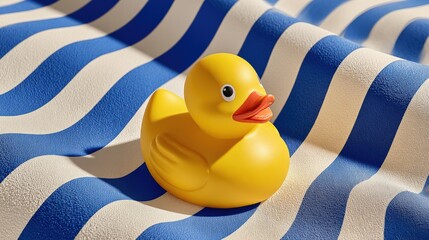Yellow Rubber Duck on Striped Surface for Summer Fun