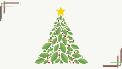 Festive Christmas Tree Illustration with Green Leaves and Red Berries, Topped with a Yellow Star