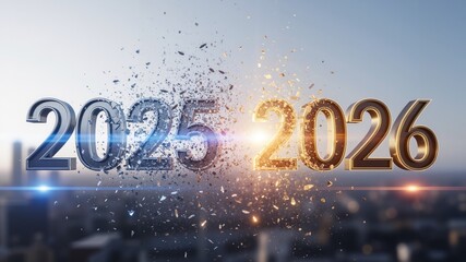 Shattering transition from year 2025 to 2026 with city backdrop  