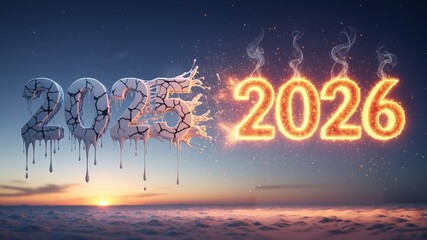 2025 and 2026 displayed in melting ice and fiery light at sunset  