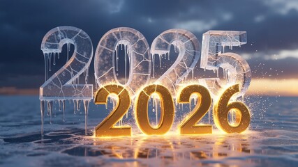Ice sculpture of years 2025 and golden 2026 with glowing elements  