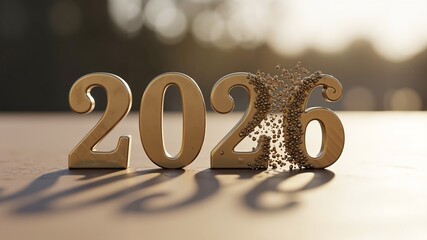 Golden number 2026 with dust effect on wooden surface in sunlight  