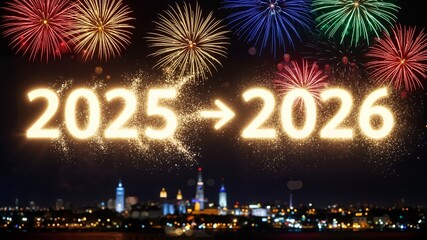2025 and 2026 golden numbers symbolizing new year celebration in fireworks light  